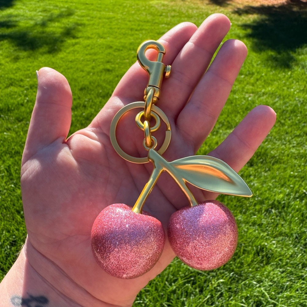 Sparkling Cherry Keychain in Gold and Pink
